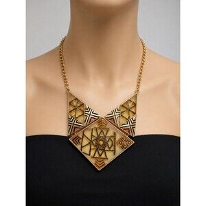 Gold Tone Geometric Art Deco Statement Bib Necklace Amber Yellow Acrylic Crystal